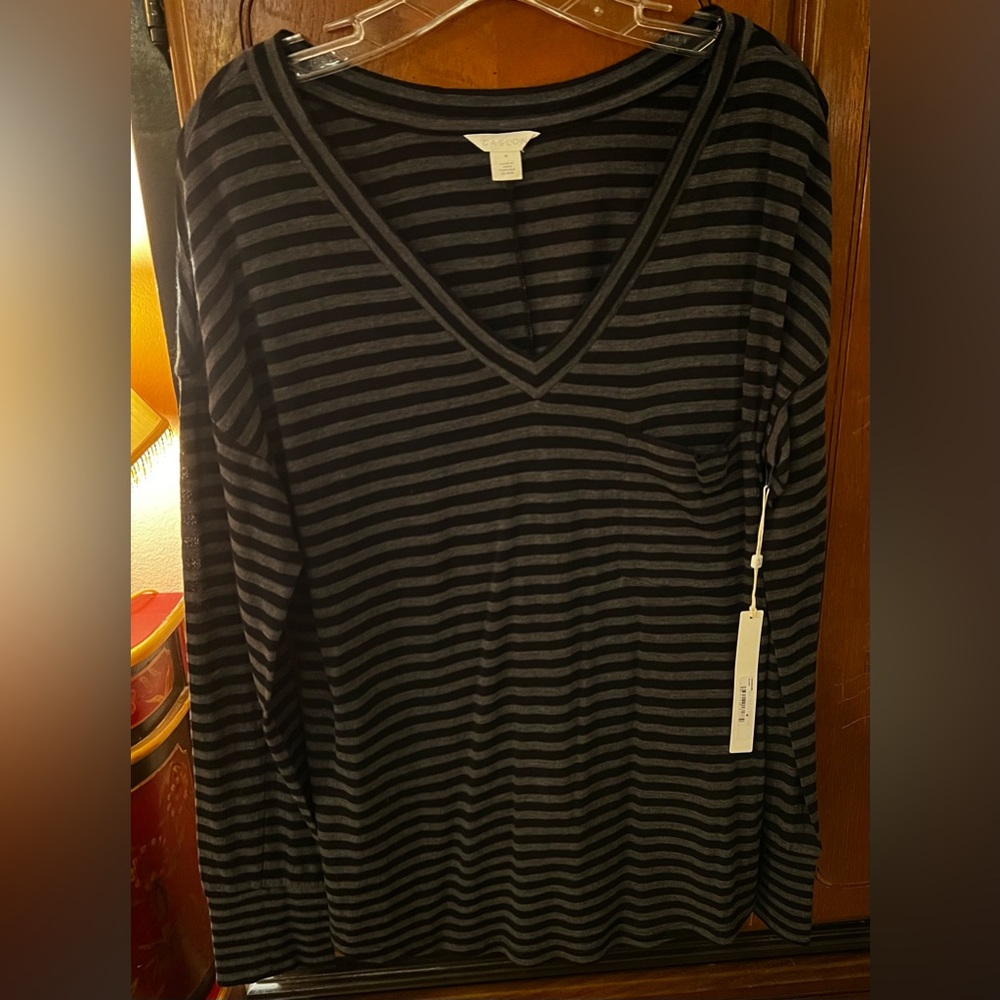 NWT Caslon LS grey & black striped tee, size M